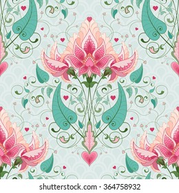 Seamless vector background. Fantasy floral pattern and delicate ornament on backdrop. All design elements consist of hearts. Wedding or Valentine's Day. 