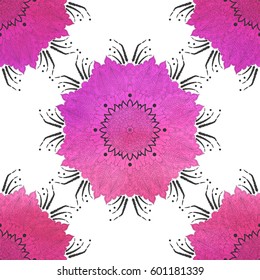 Seamless vector background with fantasy pink round pattern. Hand drawing. 