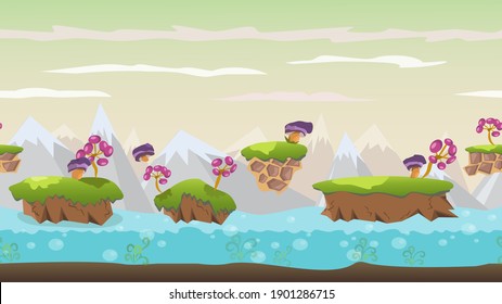 Seamless vector background with fantasy trees and mushrooms. Bright background for games, wallpapers or screensavers.