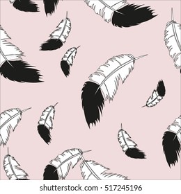 Seamless vector background of feathers of the birds, indian style illustration, white and black