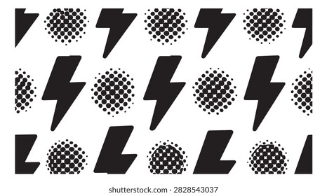 seamless vector background featuring black lightning bolts and halftone circles on a white surface for creative design projects