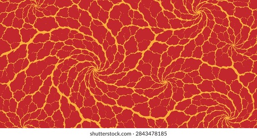 Seamless vector background featuring a swirling abstract pattern of cracked red earth with bright yellow lava veins flowing through the fractures.