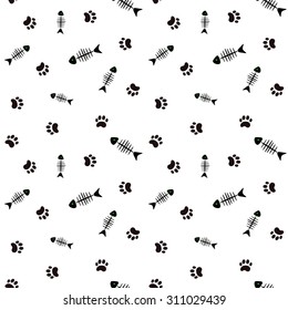 Seamless vector background with fish bones and cat's paws on white. 