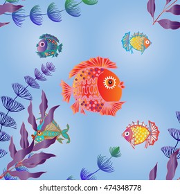 Seamless vector background - fish and plants. Use printed materials, signs, items, websites, maps, posters, postcards, packaging.