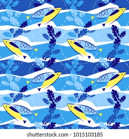 Seamless vector background with fish and seaweed. Hand-drawn illustration