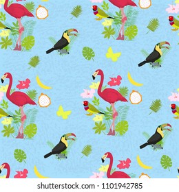 Seamless vector background with flamingos and tropical plants