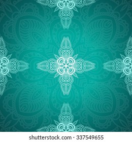 Seamless vector background with floral design. It looks like white lace on green, malachite background