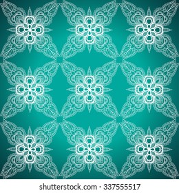 Seamless vector background with floral design. It looks like white lace on green, malachite background
