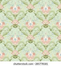 Seamless vector background with floral pattern in vintage style. Imitation canvas texture.