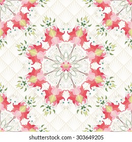 Seamless vector background with floral round pattern and delicate ornament on backdrop.