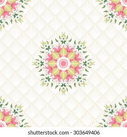 Fundo de vetor sem emenda com padrão redondo floral. Ornamento delicado no fundo.