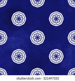 Seamless vector background with floral round pattern in vintage style. Blue watercolor hand drawing backdrop.