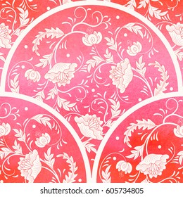 Seamless vector background with floral round patterns. Imitation of chinese porcelain painting. Red watercolor background. Hand drawing.