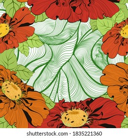 Nahtloser Vektorhintergrund. Blume mit Blättern auf hellem Hintergrund. Verwenden Sie gedruckte Materialien, Schilder, Artikel, Websites, Karten, Poster, Postkarten.