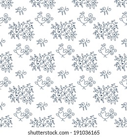 Seamless vector background with flowers and birds.
