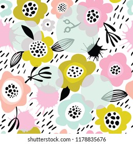 Seamless vector background with flowers and blots.
