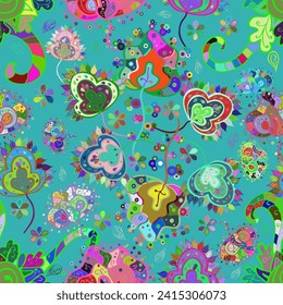 seamless vector background with flowers. Children style. Colour Spring Theme seamless pattern Background. Flat Flower Elements Design.