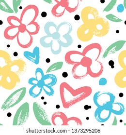 Seamless vector background with flowers in pastel colors. Drawn with a dry brush.