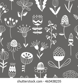 Seamless vector background with flowers, plants and herbs. Cute doodle floral pattern