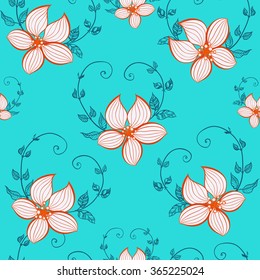 Seamless vector background. Flowers and stems with leaves.