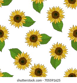 Seamless vector background with flowers of sunflowers and leaves. Can be used for web page backgrounds, textile designs, fills, banners, cards, sale posters.