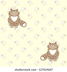 Seamless vector background. Fluffy tabby cats and white mice.