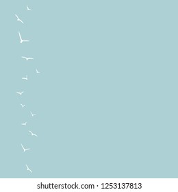 Seamless vector background with flying birds on the left side. White swallows in blue sky on white background. Bird trace. Freedom, romantic, dreams, lyric