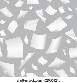 Seamless vector background with flying, falling, scattered office white paper sheets, documents. Background with flight paper, illustration of clear chaotic paper