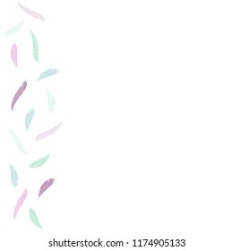 Seamless vector background with flying feathers on the left side. Blue and purple plumes in the sky on white background. Bird trace. Freedom, romantic, dreams, lyric