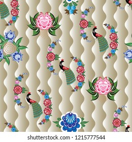 Seamless vector background with folk Russian patterns is computer graphics and can be used in the design of textiles, in the printing industry, in a variety of design projects