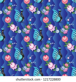 Seamless vector background with folk Russian patterns is computer graphics and can be used in the design of textiles, in the printing industry, in a variety of design projects