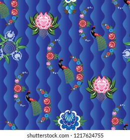 Seamless vector background with folk Russian patterns is computer graphics and can be used in the design of textiles, in the printing industry, in a variety of design projects