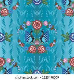 Seamless vector background with folk Russian patterns is computer graphics and can be used in the design of textiles, in the printing industry, in a variety of design projects