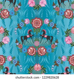 Seamless vector background with folk Russian patterns is computer graphics and can be used in the design of textiles, in the printing industry, in a variety of design projects