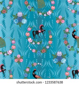 Seamless vector background with folk Russian patterns is computer graphics and can be used in the design of textiles, in the printing industry, in a variety of design projects
