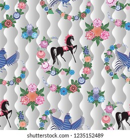 Seamless vector background with folk Russian patterns is computer graphics and can be used in the design of textiles, in the printing industry, in a variety of design projects