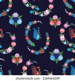 Seamless vector background with folk Russian patterns is computer graphics and can be used in the design of textiles, in the printing industry, in a variety of design projects