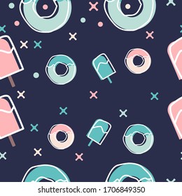 seamless vector background with food elements, donuts with ice cream colors modern and elegant, can beautify your cafe