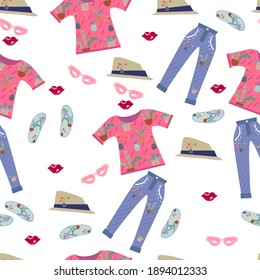 Seamless vector background in the form of fashion dress collage. A set of clothes with a print of exotic tropical plants. Fedora hat,flip flop, pink sunglasses, flower badges, bright female lips