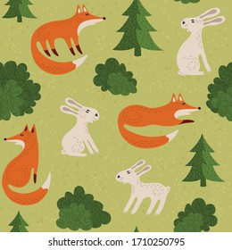 Seamless vector background. Foxes and hares in the forest hide behind bushes and trees. Loop pattern for fabric, textile, wallpaper, posters, gift wrapping paper, napkins, tablecloths. Print for kids