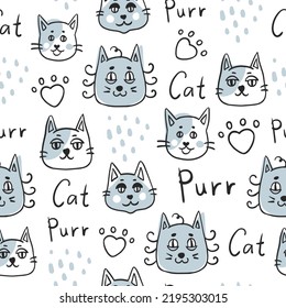 Seamless vector background with funny cats. Cute hand drawn pattern with repeat vector illustration with cats heads, lettering, paw print and dots in Scandinavian line art cartoon style