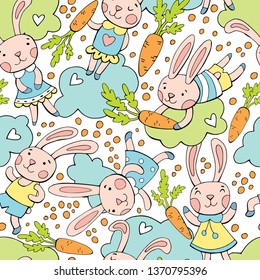 Seamless vector background with funny hares.