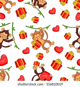 Seamless vector background with funny monkeys with gifts. Illustration of monkeys for the holiday.