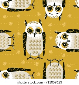 Seamless vector background with funny owls. Hand-drawn illustration