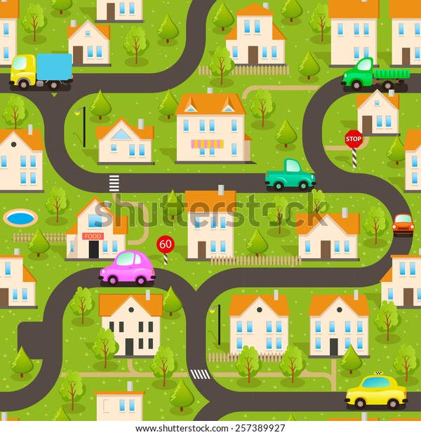 Seamless Vector Background. Funny\
Wallpaper: Funny Cars on the Streets in the Small\
Town.