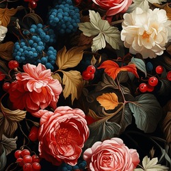 Seamless Vector Background With Garden Roses, Leaves And Berries. Vintage Oil Painting Style.