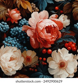 Seamless vector background with garden roses, leaves and berries. Vintage oil painting style.