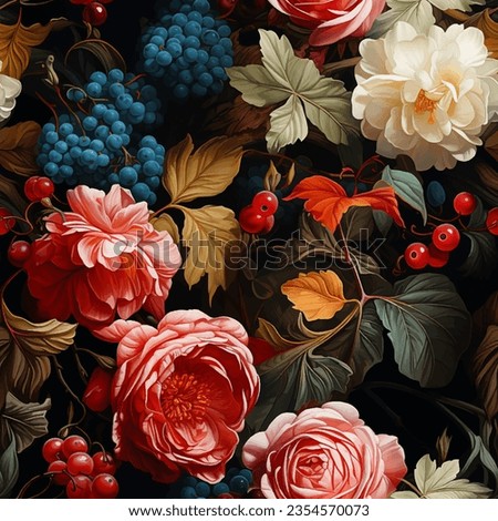 Seamless vector background with garden roses, leaves and berries. Vintage oil painting style.