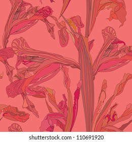 seamless vector background from gentle outline flowers iris on coral backdrop