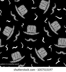 Seamless vector background with gentleman`s bowler and big mustache. Great for barber shop design, gift wrapping paper backdrop. Stylish tiles. Black and white. 